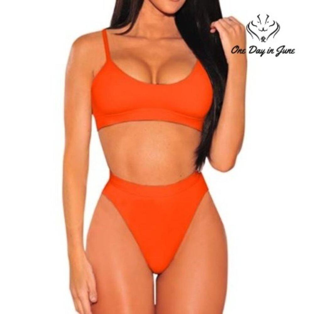 Pink Queen Push Up High Waist Bikini Orange High Cut 2 Piece Size M